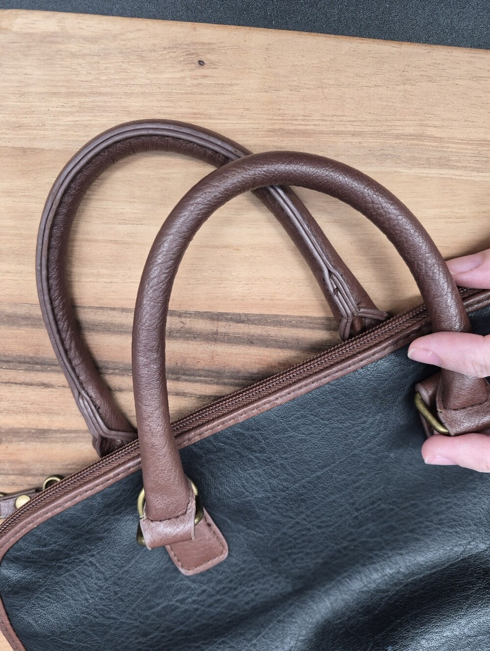Bueno Large Two-Tone Black and Brown Structured Satchel, 13x9x5 - Picture 14 of 14